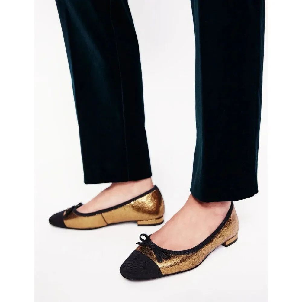 Boden Womens Ballet Shoes EU 37 US 6 Gold Metallic Leather Cap Toe Flat NWT